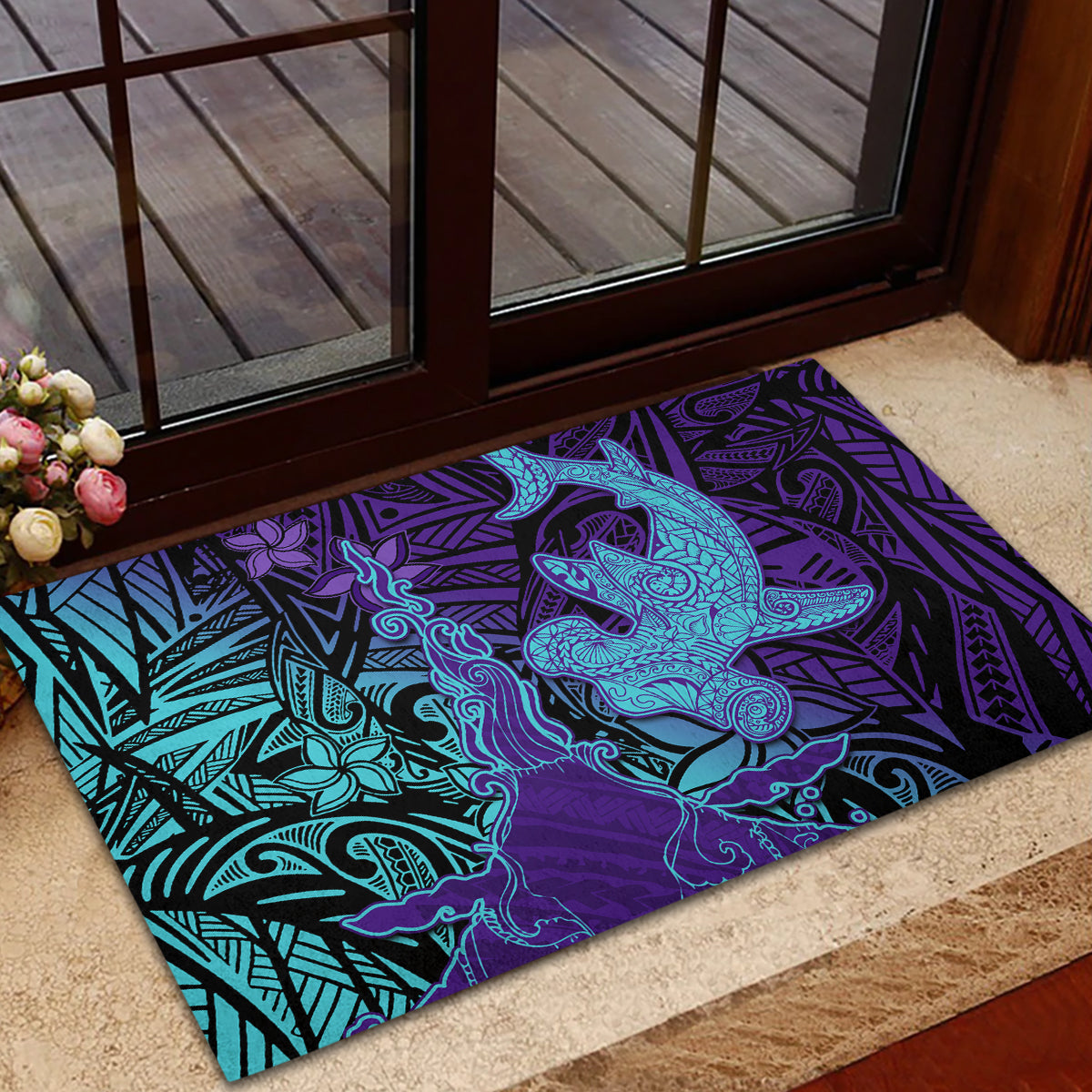 Hawaiian Volcano and Shark Rubber Doormat Polynesian and Hibiscus Pattern Purple Cyan Gradient
