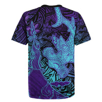 Hawaiian Volcano and Shark Rugby Jersey Polynesian and Hibiscus Pattern Purple Cyan Gradient