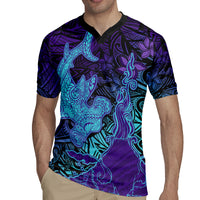 Hawaiian Volcano and Shark Rugby Jersey Polynesian and Hibiscus Pattern Purple Cyan Gradient