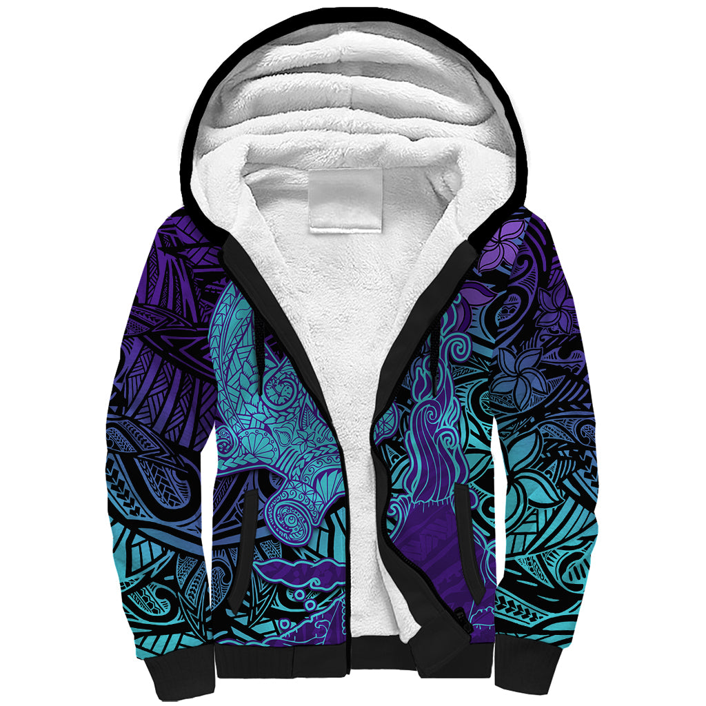 Hawaiian Volcano and Shark Sherpa Hoodie Polynesian and Hibiscus Pattern Purple Cyan Gradient