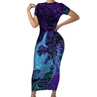 Hawaiian Volcano and Shark Short Sleeve Bodycon Dress Polynesian and Hibiscus Pattern Purple Cyan Gradient