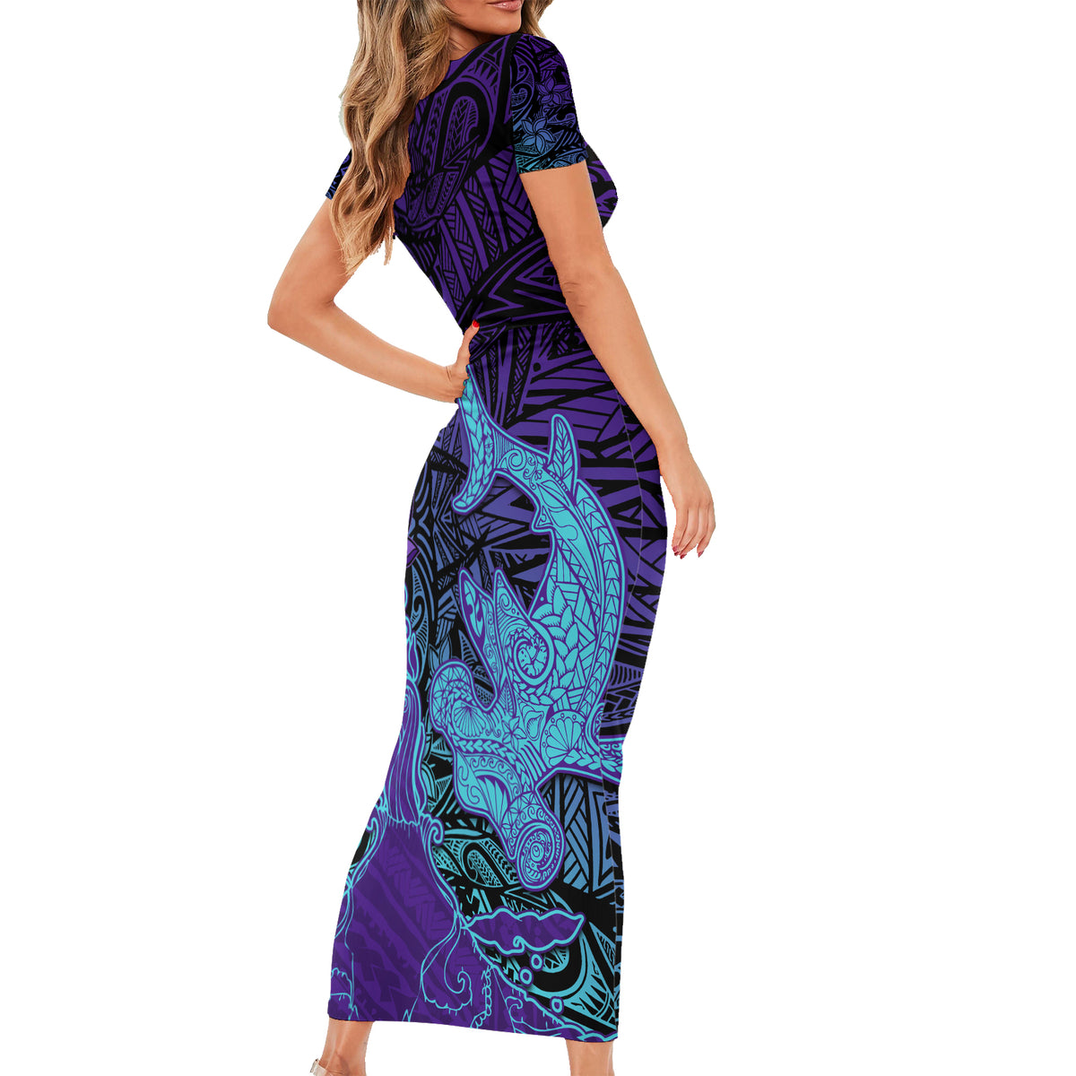 Hawaiian Volcano and Shark Short Sleeve Bodycon Dress Polynesian and Hibiscus Pattern Purple Cyan Gradient