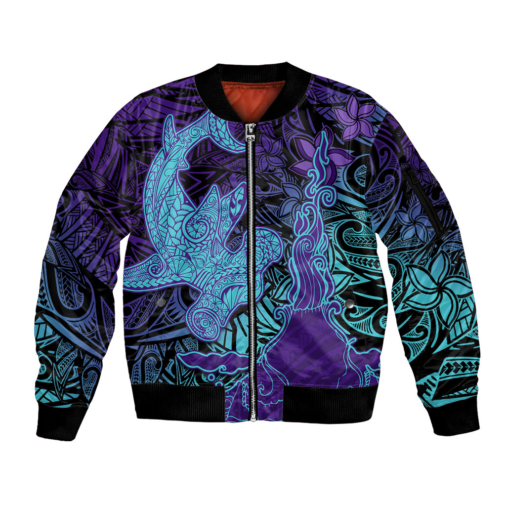 Hawaiian Volcano and Shark Sleeve Zip Bomber Jacket Polynesian and Hibiscus Pattern Purple Cyan Gradient