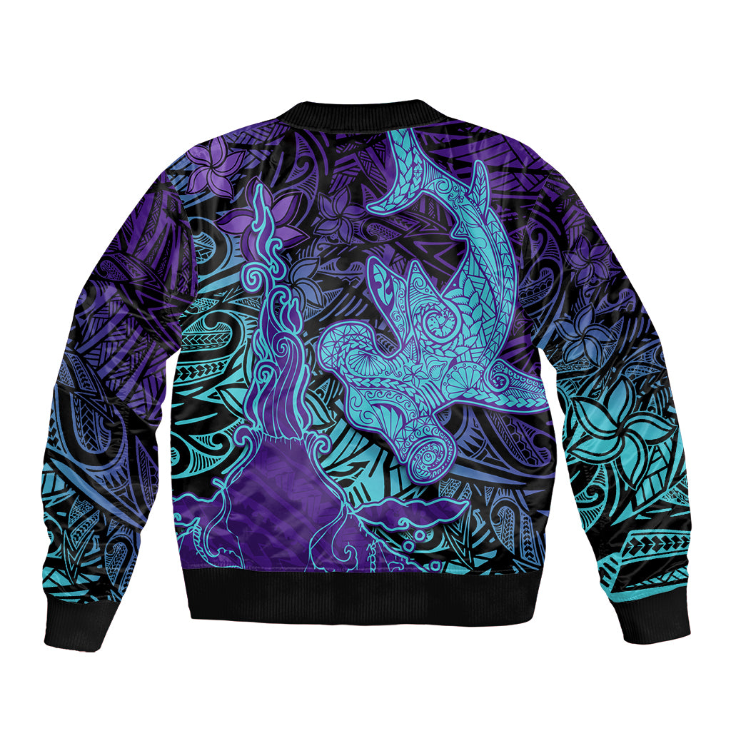 Hawaiian Volcano and Shark Sleeve Zip Bomber Jacket Polynesian and Hibiscus Pattern Purple Cyan Gradient