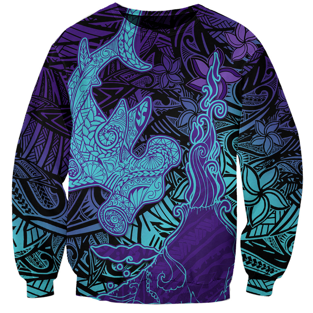 Hawaiian Volcano and Shark Sweatshirt Polynesian and Hibiscus Pattern Purple Cyan Gradient
