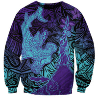 Hawaiian Volcano and Shark Sweatshirt Polynesian and Hibiscus Pattern Purple Cyan Gradient