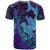 Hawaiian Volcano and Shark T Shirt Polynesian and Hibiscus Pattern Purple Cyan Gradient