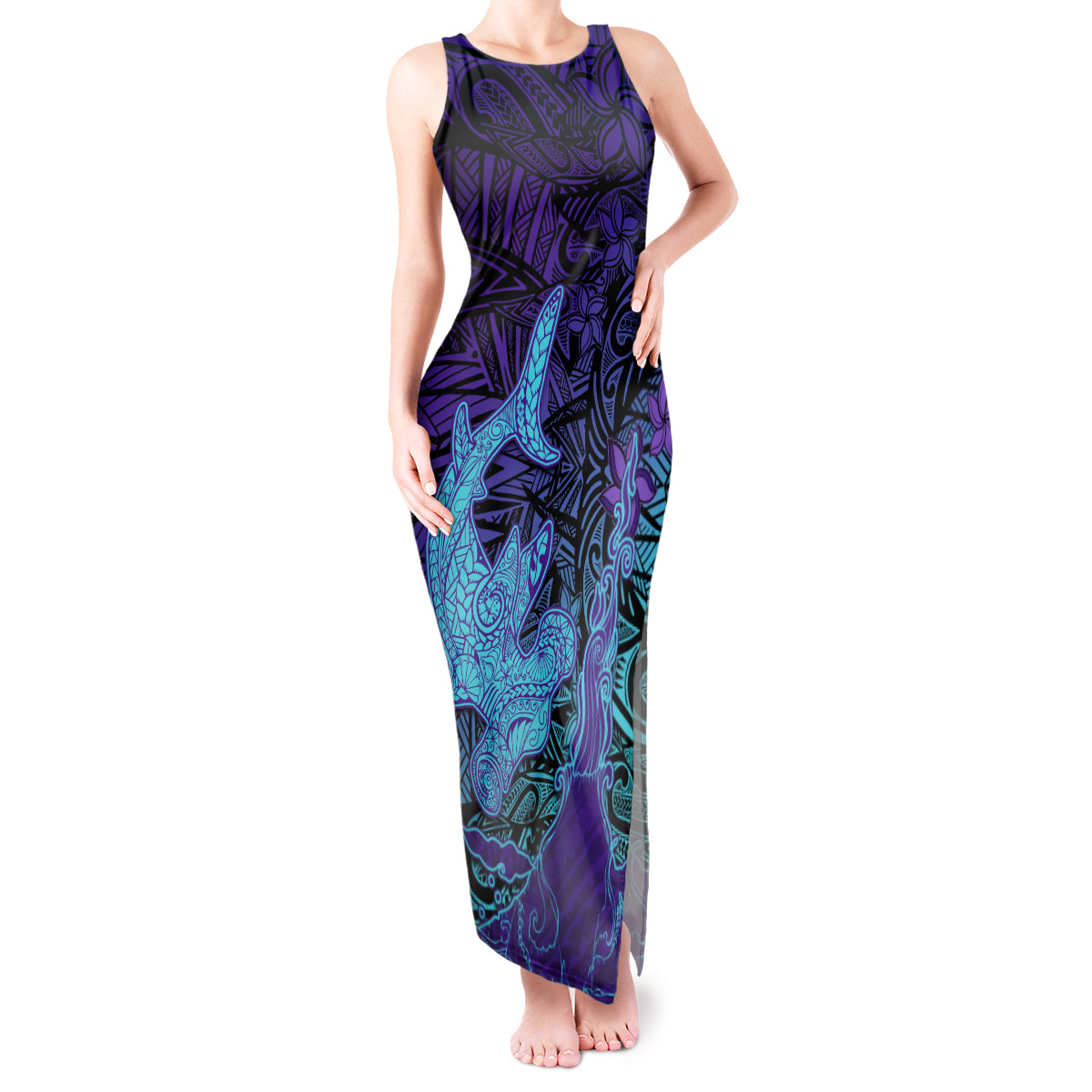 Hawaiian Volcano and Shark Tank Maxi Dress Polynesian and Hibiscus Pattern Purple Cyan Gradient