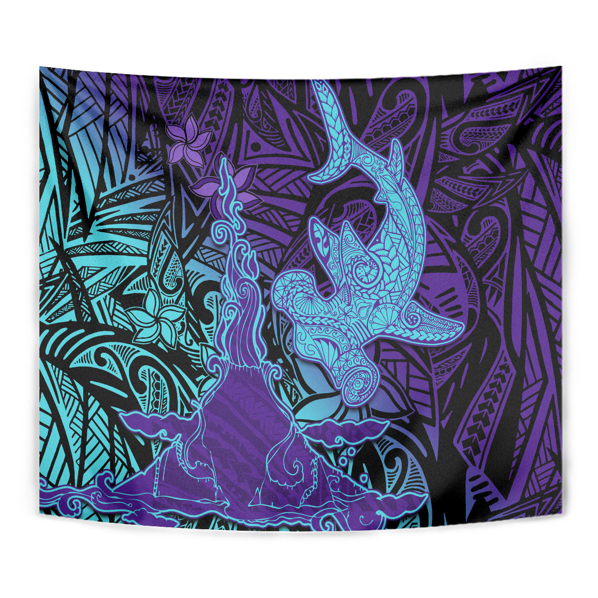 Hawaiian Volcano and Shark Tapestry Polynesian and Hibiscus Pattern Purple Cyan Gradient