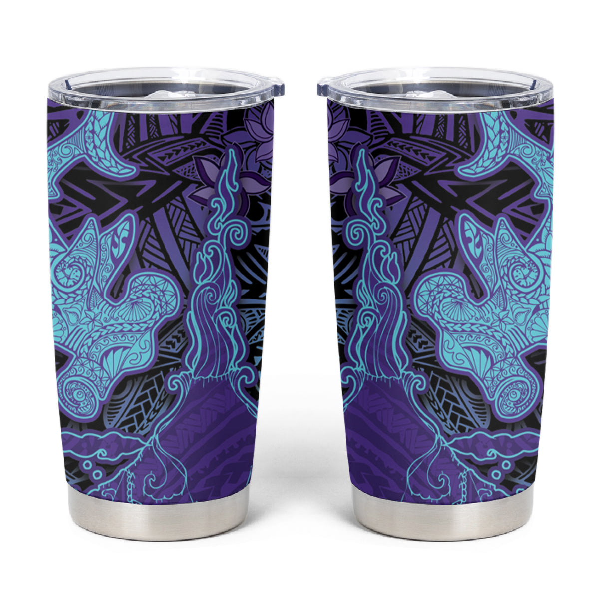 Hawaiian Volcano and Shark Tumbler Cup Polynesian and Hibiscus Pattern Purple Cyan Gradient