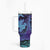 Hawaiian Volcano and Shark Tumbler With Handle Polynesian and Hibiscus Pattern Purple Cyan Gradient