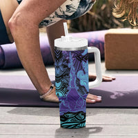 Hawaiian Volcano and Shark Tumbler With Handle Polynesian and Hibiscus Pattern Purple Cyan Gradient