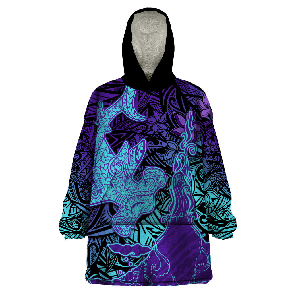 Hawaiian Volcano and Shark Wearable Blanket Hoodie Polynesian and Hibiscus Pattern Purple Cyan Gradient