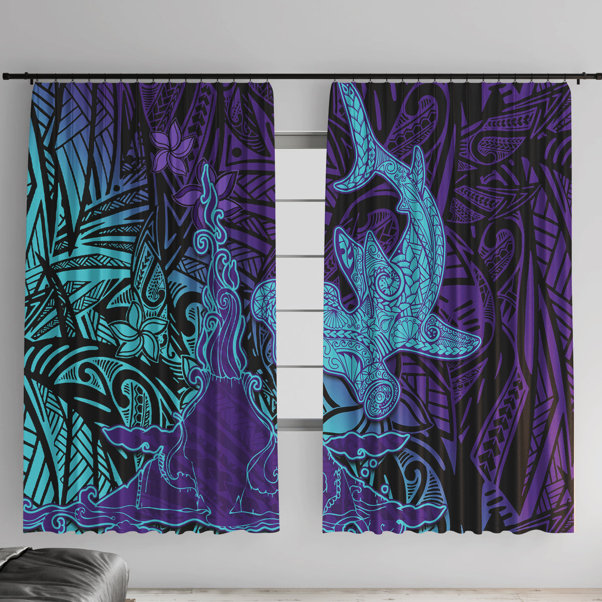 Hawaiian Volcano and Shark Window Curtain Polynesian and Hibiscus Pattern Purple Cyan Gradient