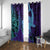 Hawaiian Volcano and Shark Window Curtain Polynesian and Hibiscus Pattern Purple Cyan Gradient