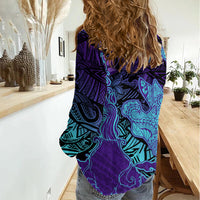 Hawaiian Volcano and Shark Women Casual Shirt Polynesian and Hibiscus Pattern Purple Cyan Gradient