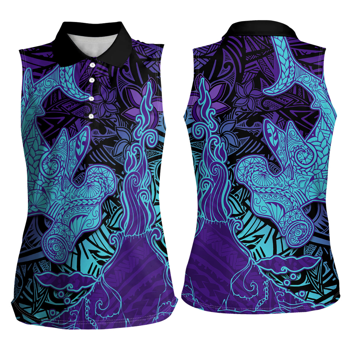 Hawaiian Volcano and Shark Women Sleeveless Polo Shirt Polynesian and Hibiscus Pattern Purple Cyan Gradient