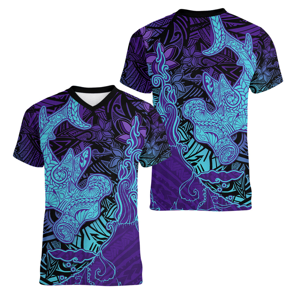Hawaiian Volcano and Shark Women V-Neck T-Shirt Polynesian and Hibiscus Pattern Purple Cyan Gradient