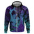 Hawaiian Volcano and Shark Zip Hoodie Polynesian and Hibiscus Pattern Purple Cyan Gradient