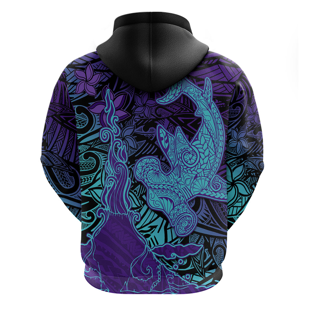 Hawaiian Volcano and Shark Zip Hoodie Polynesian and Hibiscus Pattern Purple Cyan Gradient