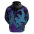 Hawaiian Volcano and Shark Zip Hoodie Polynesian and Hibiscus Pattern Purple Cyan Gradient