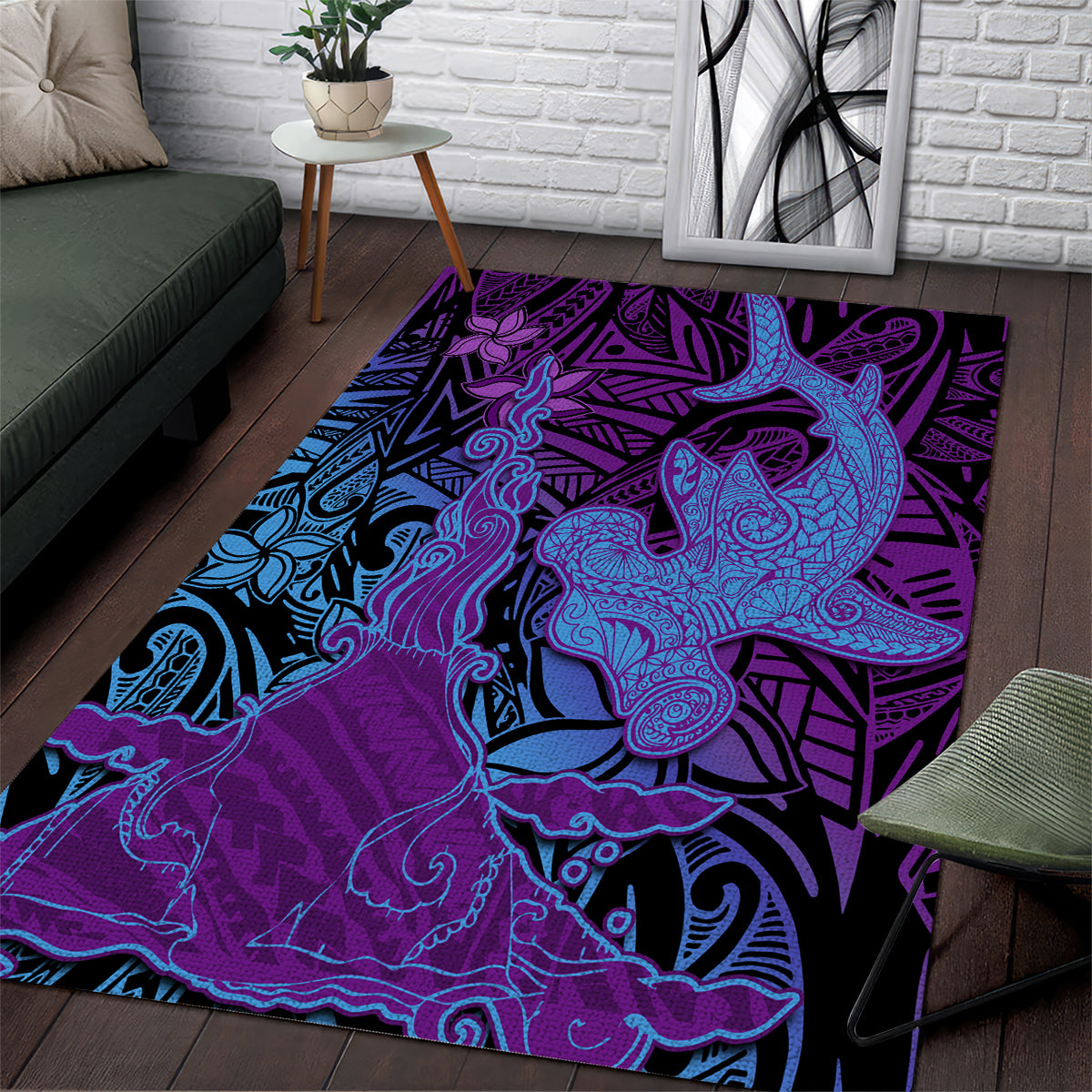 Hawaiian Volcano and Shark Area Rug Polynesian and Hibiscus Pattern Violet Gradient