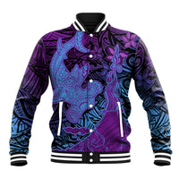 Hawaiian Volcano and Shark Baseball Jacket Polynesian and Hibiscus Pattern Violet Gradient