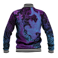 Hawaiian Volcano and Shark Baseball Jacket Polynesian and Hibiscus Pattern Violet Gradient