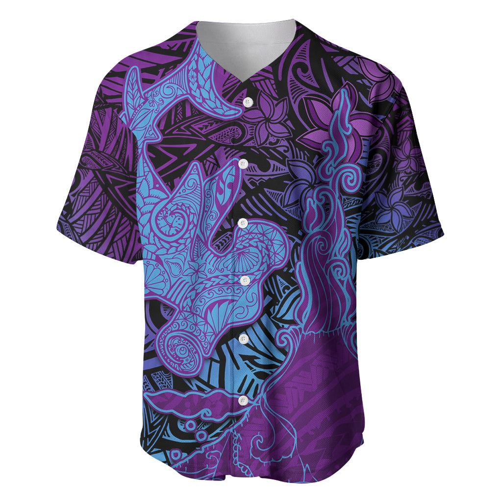 Hawaiian Volcano and Shark Baseball Jersey Polynesian and Hibiscus Pattern Violet Gradient