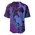 Hawaiian Volcano and Shark Baseball Jersey Polynesian and Hibiscus Pattern Violet Gradient