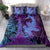 Hawaiian Volcano and Shark Bedding Set Polynesian and Hibiscus Pattern Violet Gradient