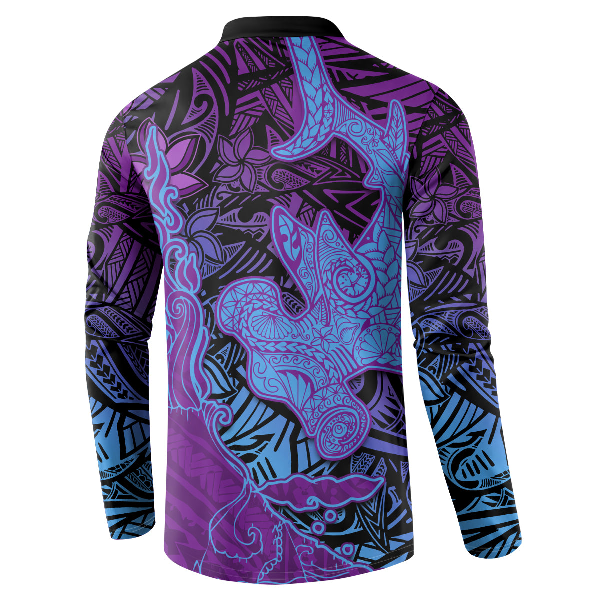 Hawaiian Volcano and Shark Button Sweatshirt Polynesian and Hibiscus Pattern Violet Gradient