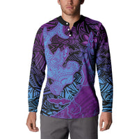 Hawaiian Volcano and Shark Button Sweatshirt Polynesian and Hibiscus Pattern Violet Gradient