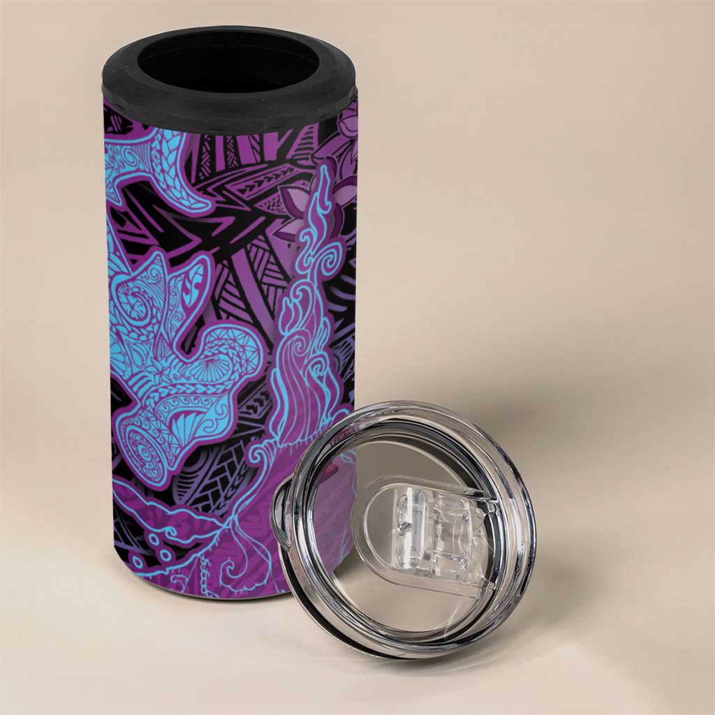 Hawaiian Volcano and Shark 4 in 1 Can Cooler Tumbler Polynesian and Hibiscus Pattern Violet Gradient