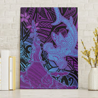 Hawaiian Volcano and Shark Canvas Wall Art Polynesian and Hibiscus Pattern Violet Gradient