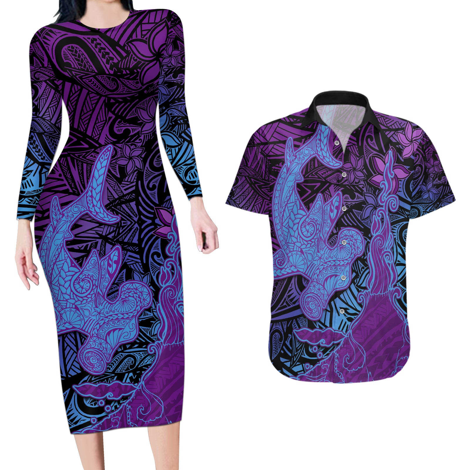 Hawaiian Volcano and Shark Couples Matching Long Sleeve Bodycon Dress and Hawaiian Shirt Polynesian and Hibiscus Pattern Violet Gradient