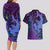 Hawaiian Volcano and Shark Couples Matching Long Sleeve Bodycon Dress and Hawaiian Shirt Polynesian and Hibiscus Pattern Violet Gradient