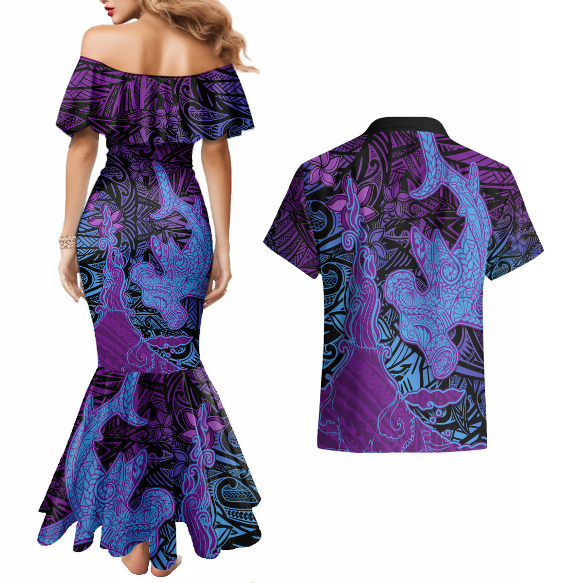 Hawaiian Volcano and Shark Couples Matching Mermaid Dress and Hawaiian Shirt Polynesian and Hibiscus Pattern Violet Gradient