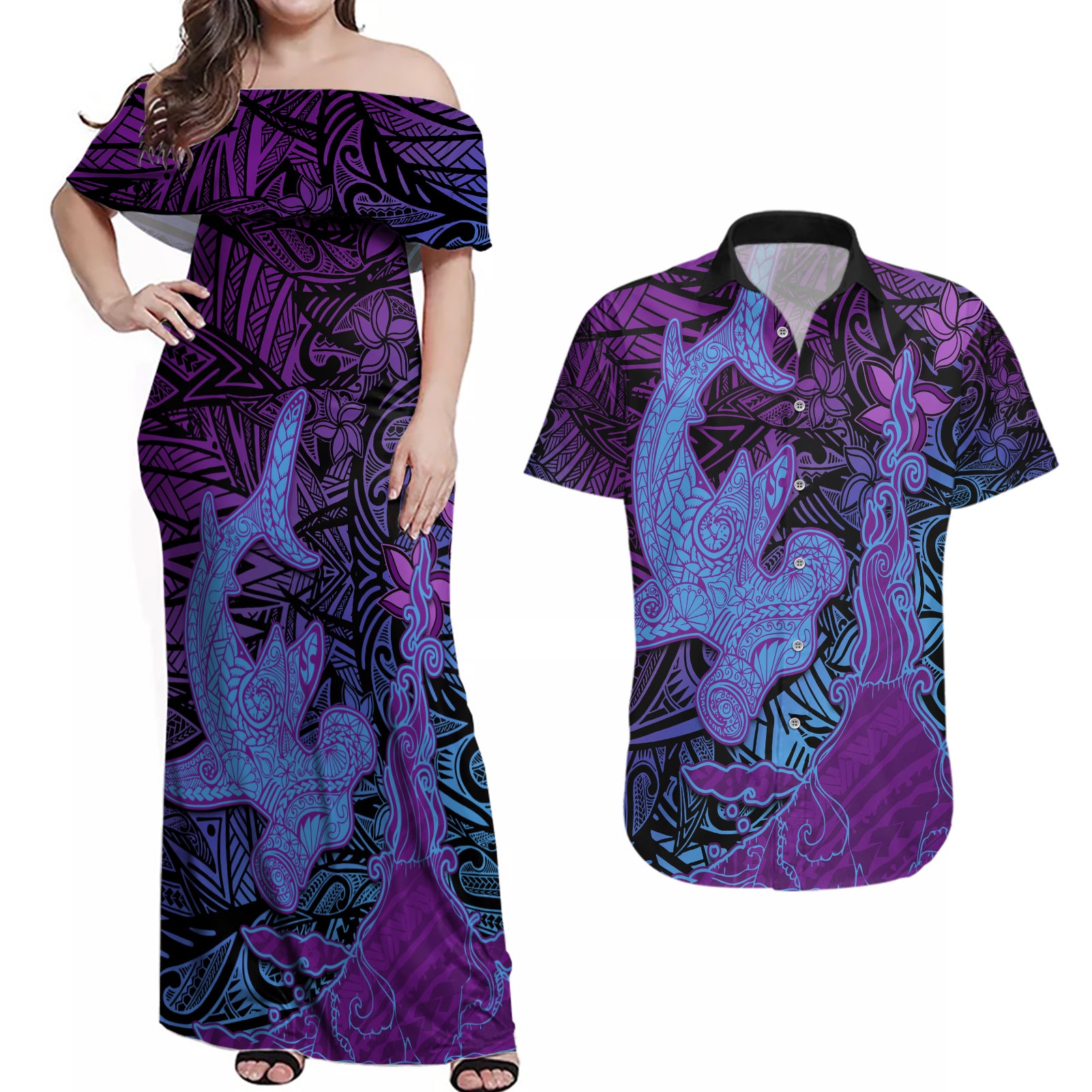 Hawaiian Volcano and Shark Couples Matching Off Shoulder Maxi Dress and Hawaiian Shirt Polynesian and Hibiscus Pattern Violet Gradient