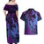 Hawaiian Volcano and Shark Couples Matching Off Shoulder Maxi Dress and Hawaiian Shirt Polynesian and Hibiscus Pattern Violet Gradient