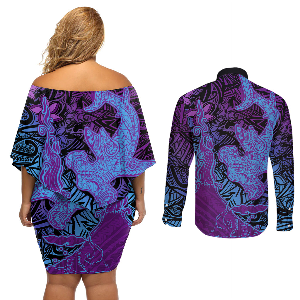 Hawaiian Volcano and Shark Couples Matching Off Shoulder Short Dress and Long Sleeve Button Shirt Polynesian and Hibiscus Pattern Violet Gradient