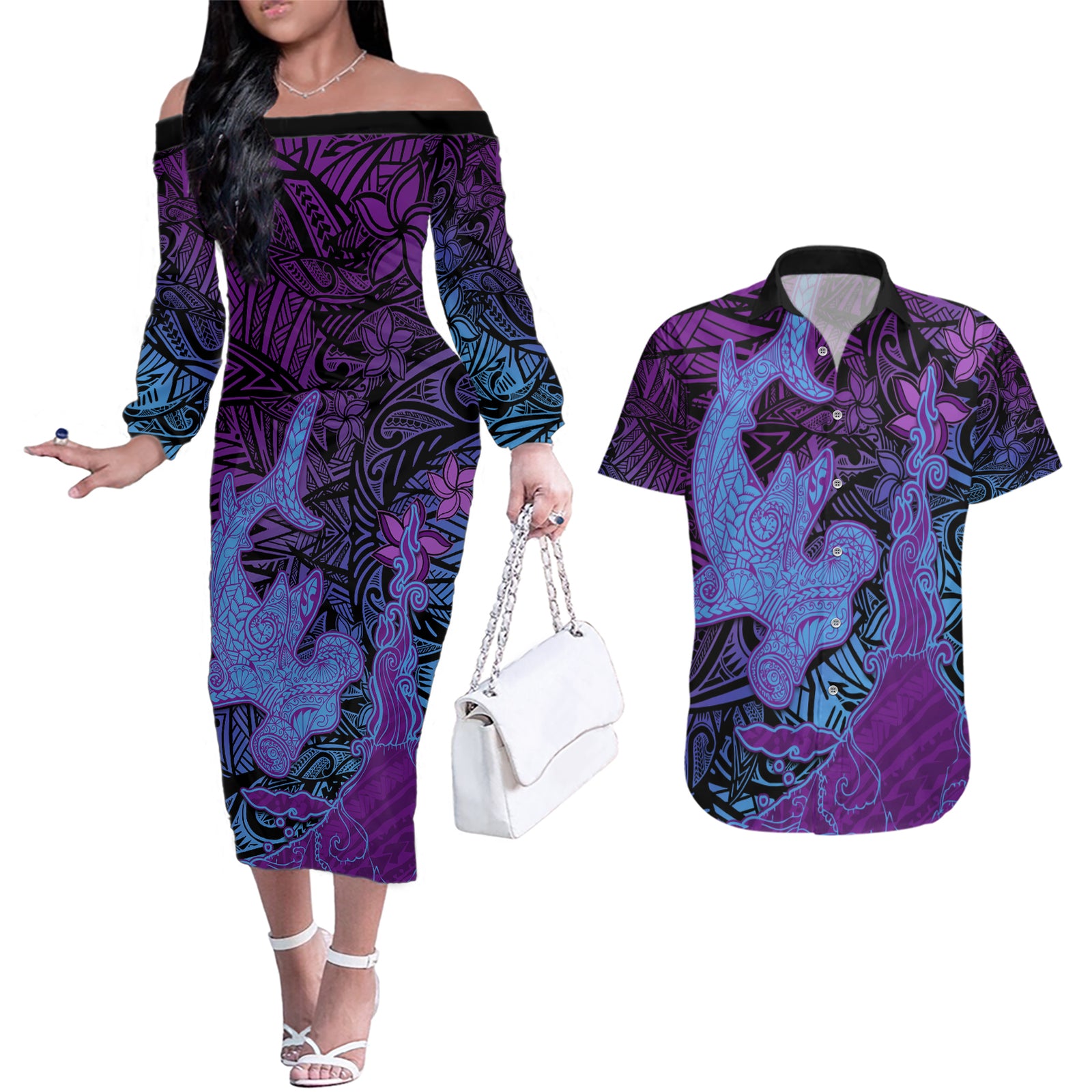 Hawaiian Volcano and Shark Couples Matching Off The Shoulder Long Sleeve Dress and Hawaiian Shirt Polynesian and Hibiscus Pattern Violet Gradient