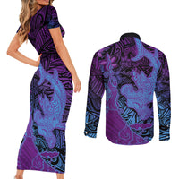 Hawaiian Volcano and Shark Couples Matching Short Sleeve Bodycon Dress and Long Sleeve Button Shirt Polynesian and Hibiscus Pattern Violet Gradient