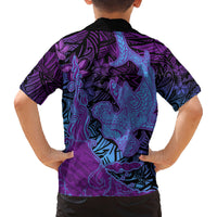 Hawaiian Volcano and Shark Family Matching Long Sleeve Bodycon Dress and Hawaiian Shirt Polynesian and Hibiscus Pattern Violet Gradient