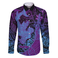 Hawaiian Volcano and Shark Family Matching Off The Shoulder Long Sleeve Dress and Hawaiian Shirt Polynesian and Hibiscus Pattern Violet Gradient