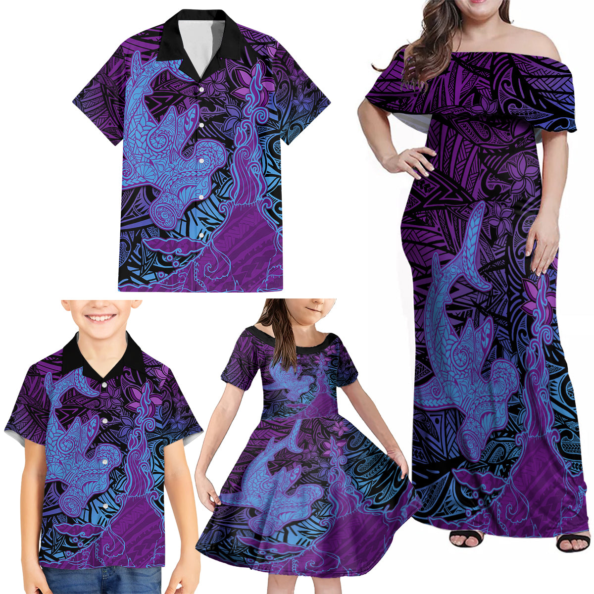 Hawaiian Volcano and Shark Family Matching Off Shoulder Maxi Dress and Hawaiian Shirt Polynesian and Hibiscus Pattern Violet Gradient