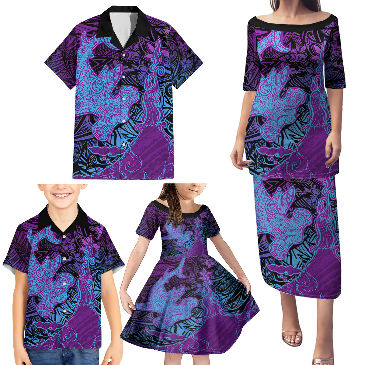 Hawaiian Volcano and Shark Family Matching Puletasi and Hawaiian Shirt Polynesian and Hibiscus Pattern Violet Gradient