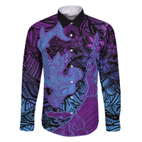 Hawaiian Volcano and Shark Family Matching Puletasi and Hawaiian Shirt Polynesian and Hibiscus Pattern Violet Gradient