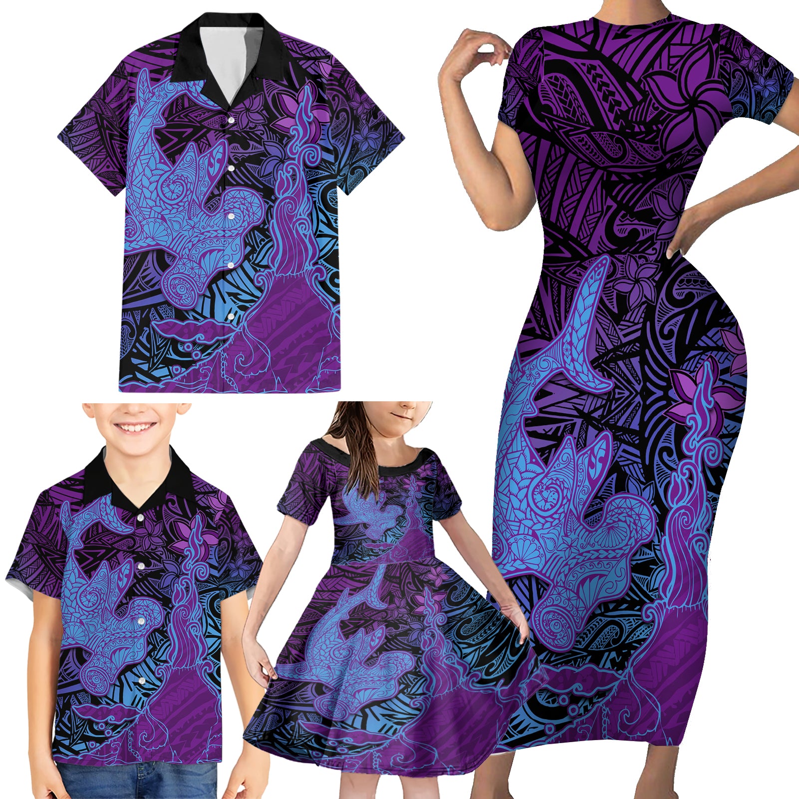 Hawaiian Volcano and Shark Family Matching Short Sleeve Bodycon Dress and Hawaiian Shirt Polynesian and Hibiscus Pattern Violet Gradient