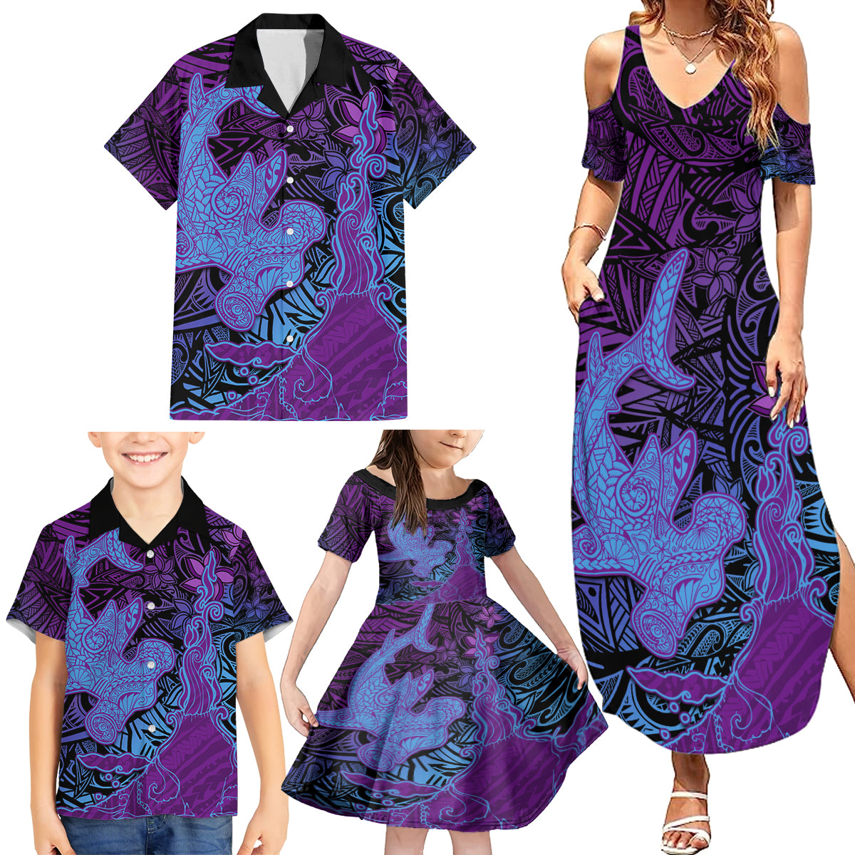 Hawaiian Volcano and Shark Family Matching Summer Maxi Dress and Hawaiian Shirt Polynesian and Hibiscus Pattern Violet Gradient